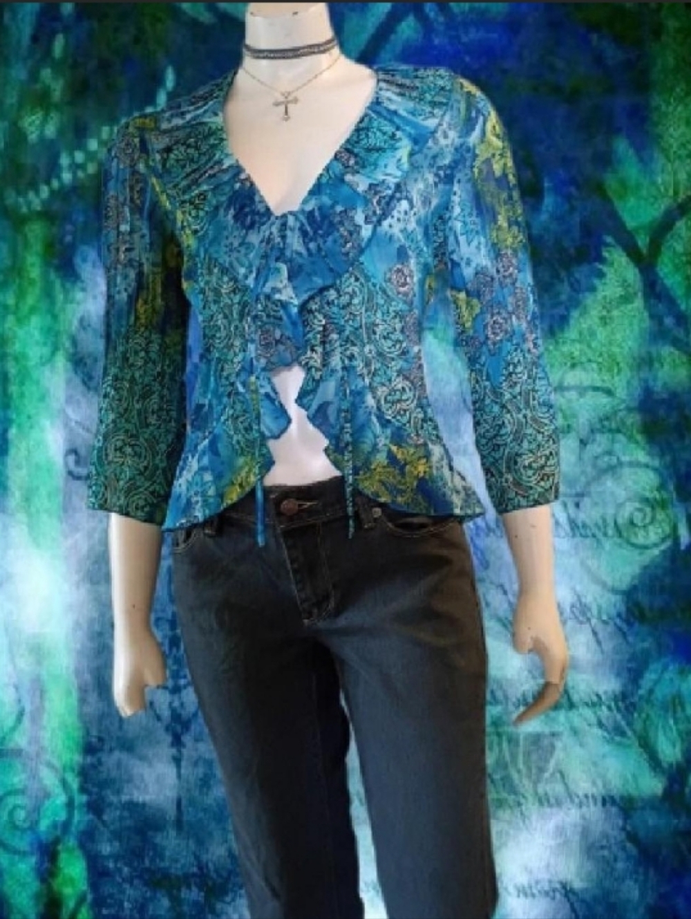 Y2K Elementz Teal & Blue Paisley Sheer Ruffled Crinkle Blouse Sz M